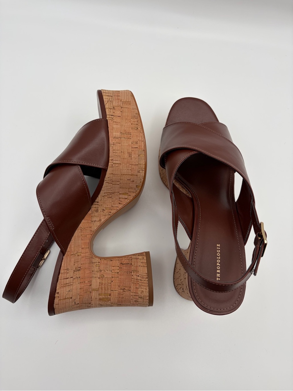 Anthropologie Brown Leather Cork Platform Slingback Sandals Size 41